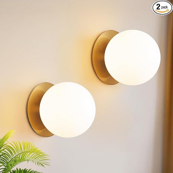 2 Pack1-Light Bathroom Vanity Light Fixtures with 6inch Milky White Glass Globe Shades, Wall Sconces Lighting Brushed Gold, Modern Wall Lamp for Mirror, Bedroom, Living Room, Hallway