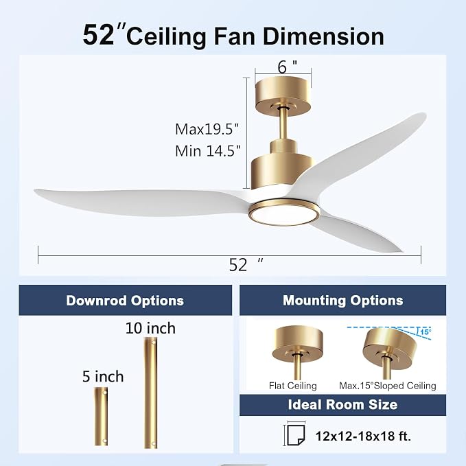 52 Inch High CFM Modern White Gold Ceiling Fan with Light and Remote | Quiet DC Motor, 3-Color Dimmable LED with Memory, Reversible, 6 Speeds, Indoor Ceiling Fan for Bedroom Living Room