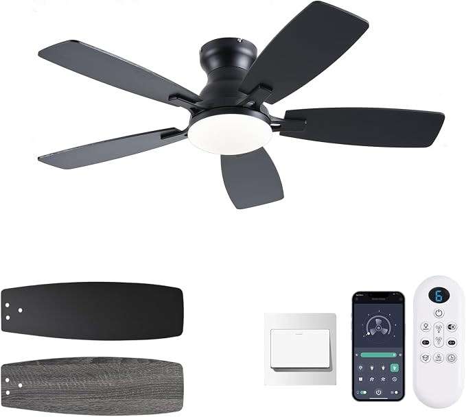 NKPU Ceiling Fans with Lights, Low Profile Ceiling Fan with Light and Remote/APP Control, DC Motor, Noiseless, Flush Mount, 42inch Black Ceiling Fan for Bedroom Indoor/Outdoor Use