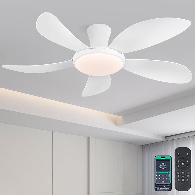 PHORUS 48"Black Low Profile Flush Mount Ceiling Fans with Lights and Remote | Supports Remote and APP, 6 Wind Speeds, Reversible, Dimmable 3 CCT LED, 30WNoiseless DC Motor,Timer, for Bedroom Kitchen