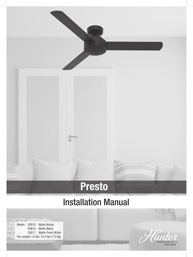 Hunter Presto, Indoor, Ceiling Fan, No Light, Modern, 52 inch, Matte Nickel | SureSpeed high velocity airflow you can feel; no-light design and 3D Interactive Guide support bedrooms and home offices.