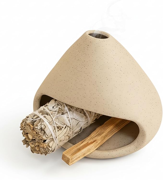 Ceramic Sage Smudge Burner with Ash Catcher – Handmade 4-in-1 Palo Santo & Incense Holder for Meditation, Yoga & Home Decor