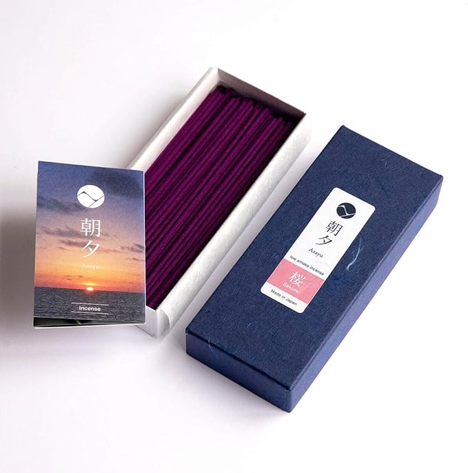 Asayu Japan Low Smoke Incense Gift Set with Incense Holder and Brass Stand, Sakura Incense Sticks with White Lotus Holder