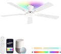 ZMISHIBO 52 Inch Ceiling Fan with RGB Lights, Low Profile Flush Mount with Alexa/App/Remote, Dimmable 20W LED Light, White Modern for Living Room, Bedroom, Game Room