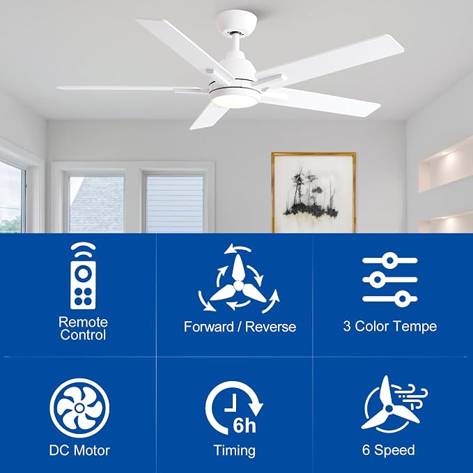 Sevenine 52 Inch Downrod White Ceiling Fan with Light & Remote, ETL Listed | 6 Speed, Quiet DC Motor, 3-Level Timer Function, 3 Color Temperature, Forward/Reserve For all Seasons, Indoor/Covered Outdoor
