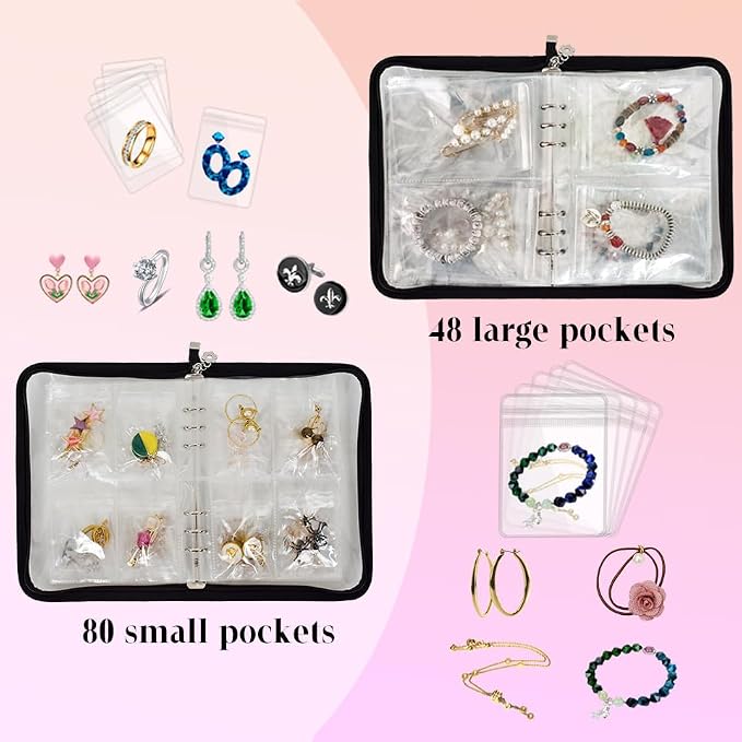 Transparent Jewelry Storage Book Travel Jewelry Organizer Earring Organizer Case Bracelet Holder for Necklace Ring with Anti tarnish Pouches, Pack of 2