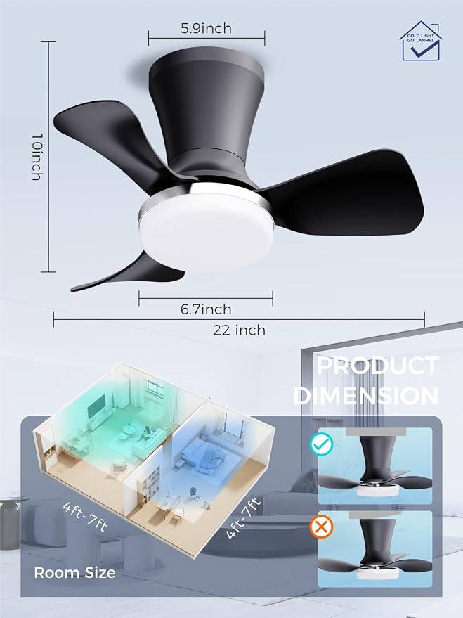 LANMEL Ceiling Fan with Light, Modern Flush Mount Low Profile with Remote Control, Reversible, 3CCT Dimmable, Quiet,LED for Bedroom, Living Room, Indoor/Outdoor Patio Use 22 Inch Silver & Black