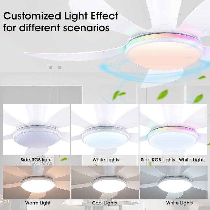 PHORUS 48" White Modern Low Profile RGB Ceiling Fans with Lights and Remote | 13 RGB Modes,Supports Remote and APP,6 Wind Speeds, Reversible, Dimmable 3 CCT LED, 30W DC Motor,Suits for Bedroom Kidsroom
