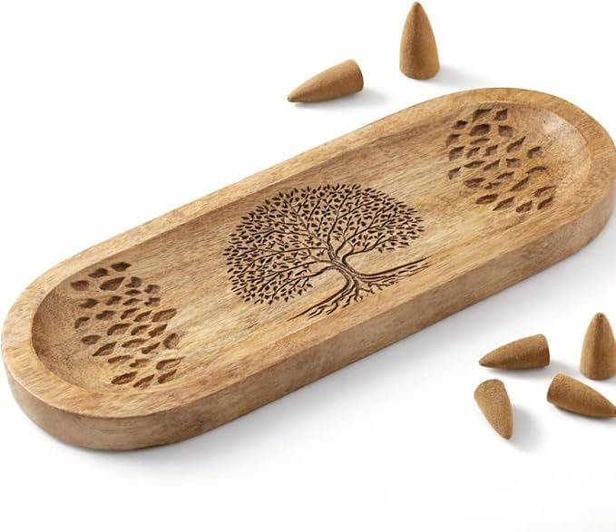 Bless-International Traditional-Handmade-Tray-Burner Wooden-Trat-Incense-Stick-Holder Ash-Catcher-Stand for-Aromatherapy-Meditation-Yoga (Nature Tree, 11x4x1.22 Inches)