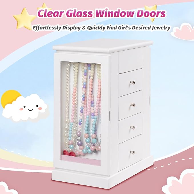 Emfogo Jewelry Box for Girls, Musical Jewelry Box with Spinning Dancer Gifts for Little Girls Christmas New Year Birthday Children's Day, 5 Layer Large Wooden Kids Music Jewelry Organizer Box(White)