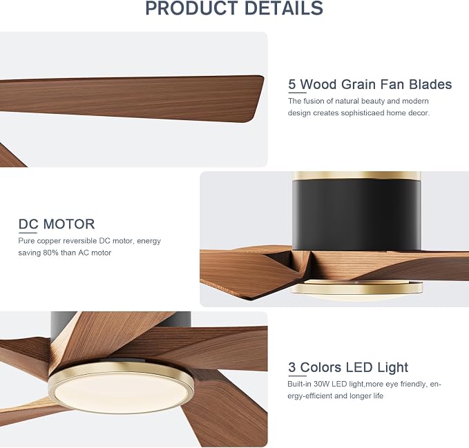 TXCSLY 52'' Ceiling Fans with Lights, Modern Ceiling Fan with Remote Control, Indoor Outdoor Ceiling Fan for Living Room,Bedroom 5 Blade 3 Color Tempearture (Walnut)