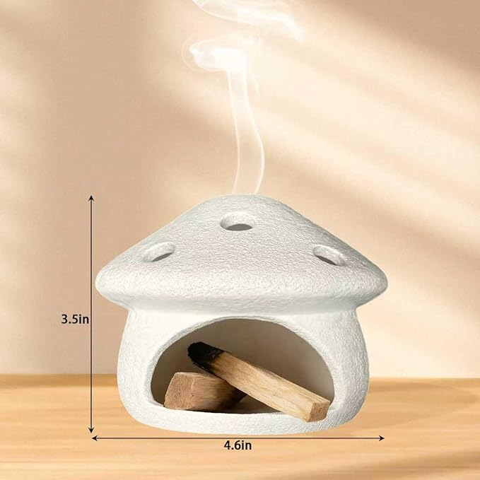 Mushroom Palo Santo Holder Chimney Burner, Ceramic Smudge Bowl for Sage Cones Incense Sticks, Cute Aromatherapy Yoga Meditation Home Decor (White)