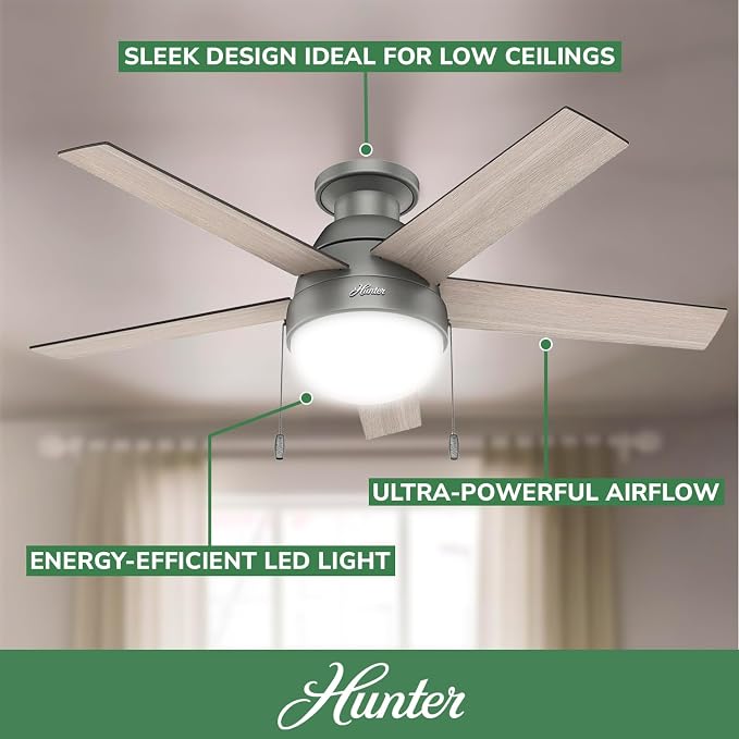 Hunter Anslee, Indoor, Ceiling Fan, with LED Light, 46 inch, Matte Silver