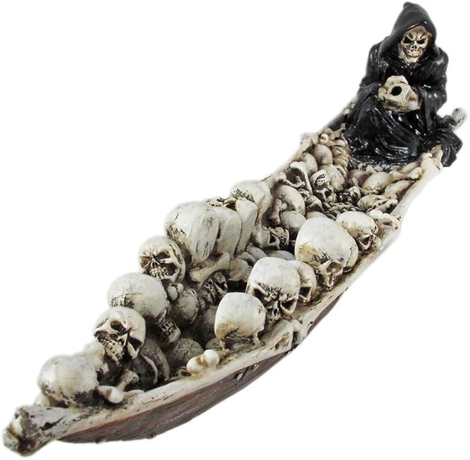 DWK Grim Reaper Skull Boat Decorative Incense Holder | Grim Reaper Decoration Large Incense Burner | Skull Decor Gothic Bookshelf | Reaper Figurines - 10L