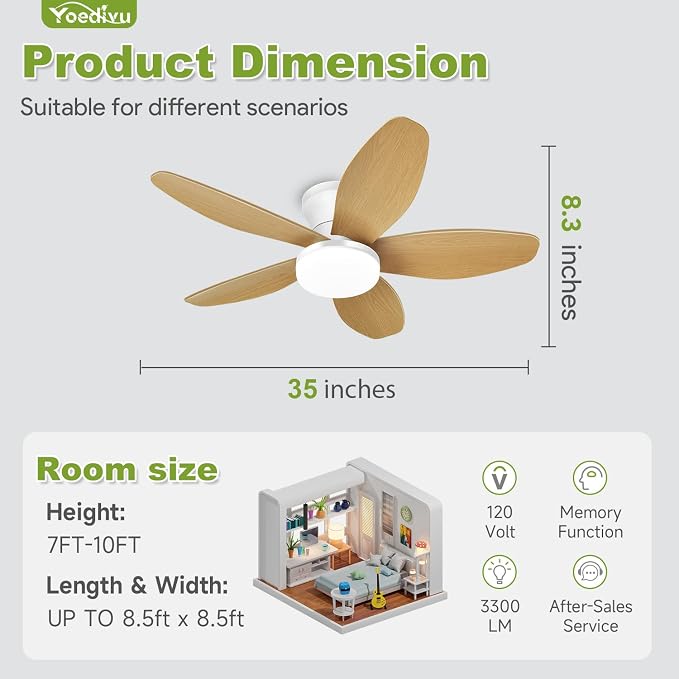 Ceiling Fans with Lights - 35 Inch Small Low Profile Ceiling Fan and Remote,Flush Mount Ceiling Fan with 5 Reversible Blades 6 Wind Speeds, White&Wood Modern Ceiling Fans for Bedroom Kitchen