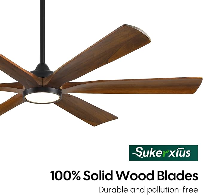 60 Inch Ceiling Fan with Light and Remote, Rustic Farmhouse Style, 6 Brown Solid Wood Blades, ETL Listed Quiet DC Motor, High 8268 CFM, for Indoor Living Room, Damp Rated for Covered Outdoor Patio