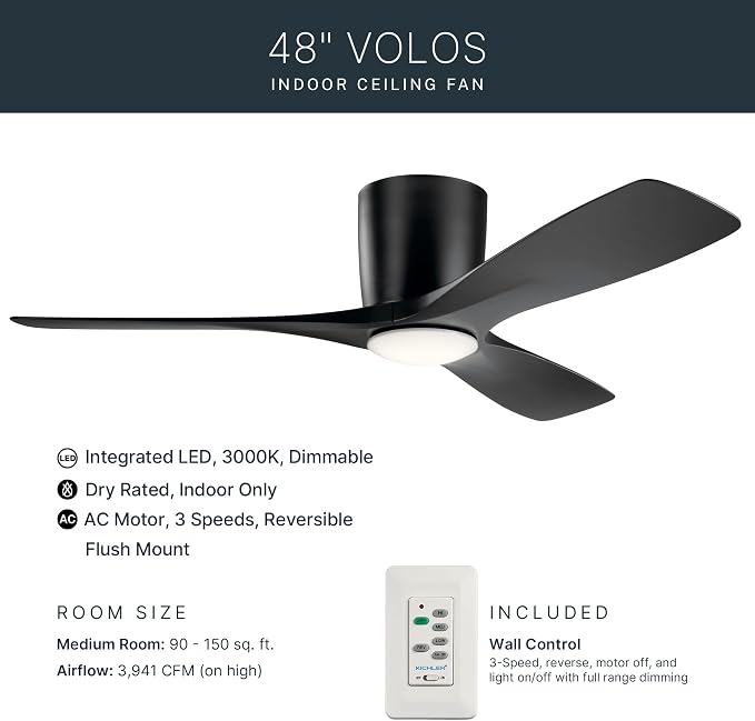 Kichler Volos 48” Indoor Ceiling Fan with LED Light and Wall Control in Satin Black, Contemporary Ceiling Fan with Light, 300032SBK