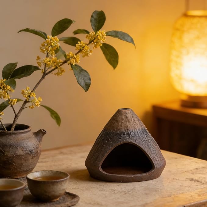 Palo Santo Holder Incense Burner-Zongzi Clay Smudge Bowl with Chimney, Mini Ceramic Fireplace for sage、Cone Burning (Handmade - A)