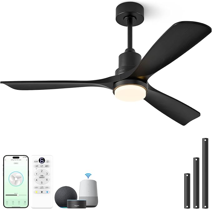 60 inch Smart Ceiling Fan with Lights,Outdoor Ceiling Fan 3 Wood Blades Compatible with Alexa/Gg Voice Control&App&Remote,Quiet DC Motor for Covered Patio Porch Bedroom,Black
