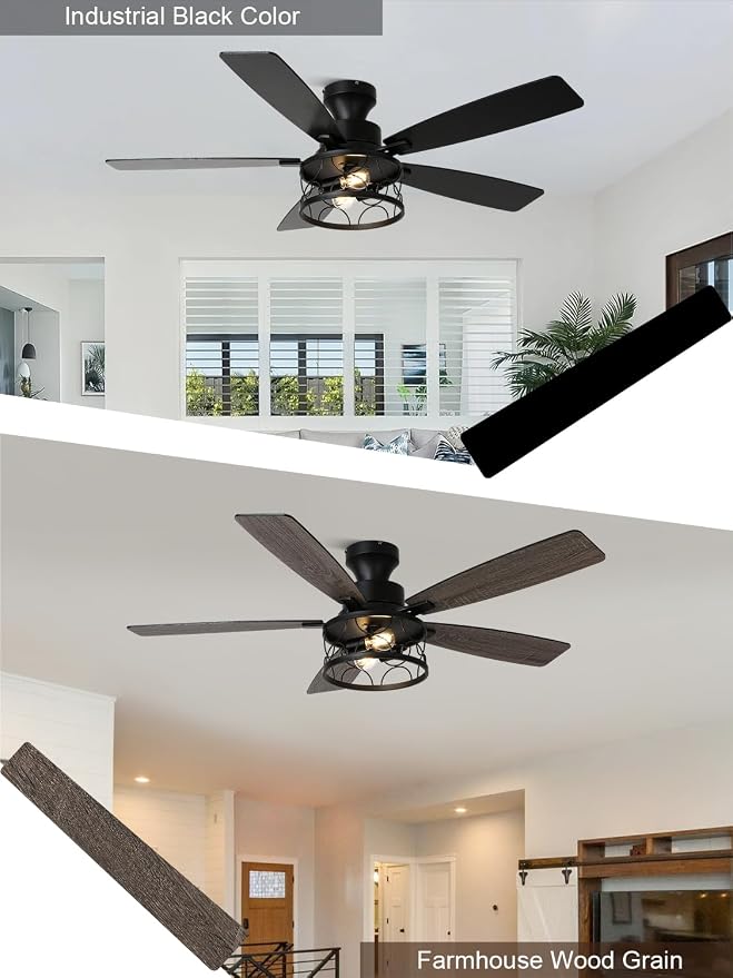 52 Inch Flush Mount Farmhouse Ceiling Fan with Lights and Remote | Rustic Fandelier Black Metal Caged Chandelier Fan, 5 Dual Blades, Reversible Quiet DC Motor 6 Speed, for Bedroom Living Room