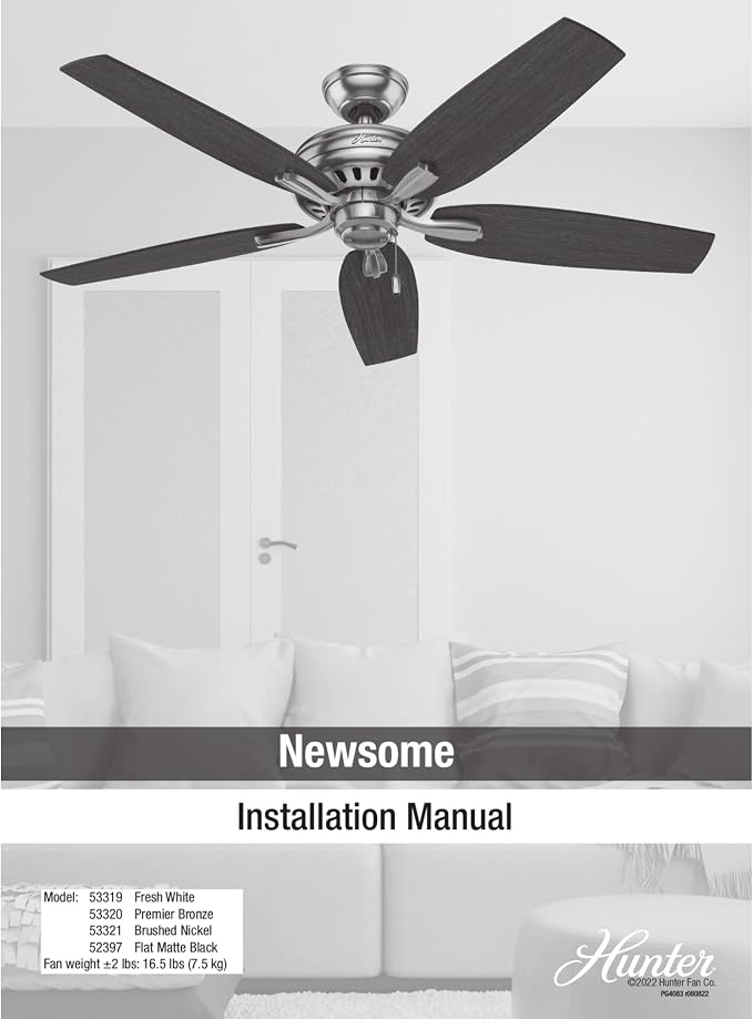 Hunter Newsome, Indoor, Ceiling Fan, No Light, Quiet, 52 inch, Matte Black