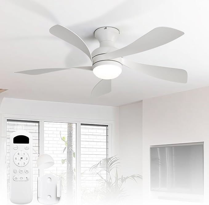 Sofucor 42 Inch Low Profile Ceiling Fan with Light, Flush Mount Outdoor White Ceiling Fan with Remote for Bedroom Living Room Patio, Dimmable LED High Airflow Quiet Reversible DC Motor