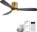 Sofucor 52 Inch Smart Ceiling Fans with Lights-Flush Mount Low Profile Modern Outdoor Solid Wood Ceiling Fans with Alexa/Google Assistant/APP/Remote Control for Bedroom/Farmhouse/Patio, Black Gold