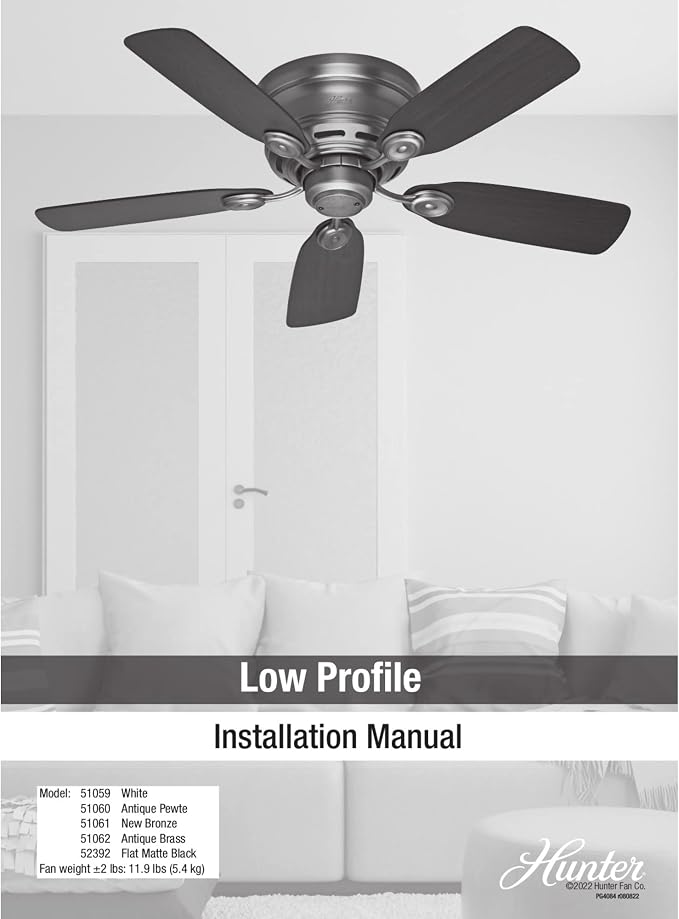 Hunter Low Profile IV, Indoor, Ceiling Fan, No Light, 42 inch, Matte Black | Low Profile Flush Mount, Pull Chain, 5 Blades, For Bedroom, Living Room, Kitchen, 52392