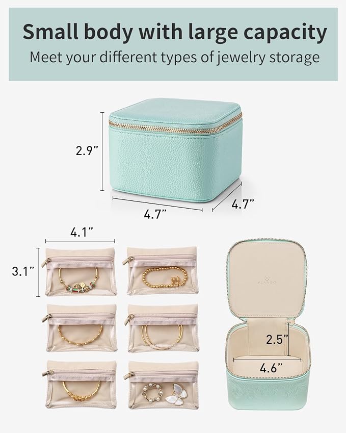 VLANDO Travel Jewelry Box for Women Faux Leather Jewelry Box with 6 Velvet Jewelry Zipper Pockets Earrings Necklace Rings Storage Boxes Christmas Gift for Mom Wife(Lake Blue)