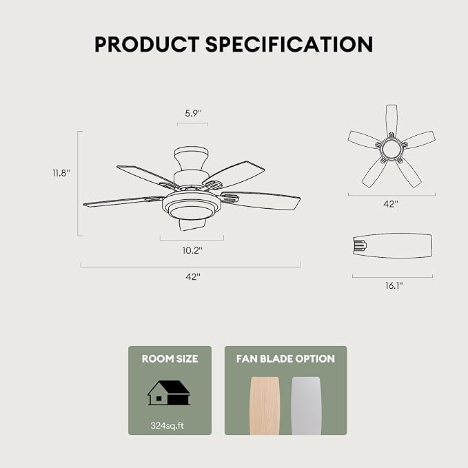 Ceiling Fans with Lights and Remote Control, 42 Inch Flush Mount Ceiling Fan with Quiet Reversible DC Motor, Dimmable LED Lighting, 6 Speeds, Timer, Nickel Ceiling Fan for Bedroom Living Room