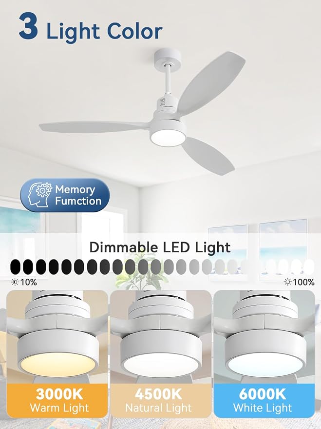 Sofucor 52 Inch Solid Wood Smart Ceiling Fans with Lights and Remote, Works with App/Alexa/Google, 6-Speed Outdoor Ceiling Fan with Light, 3 Blade Ceiling Fan, Quiet DC Motor for Living Room Patio
