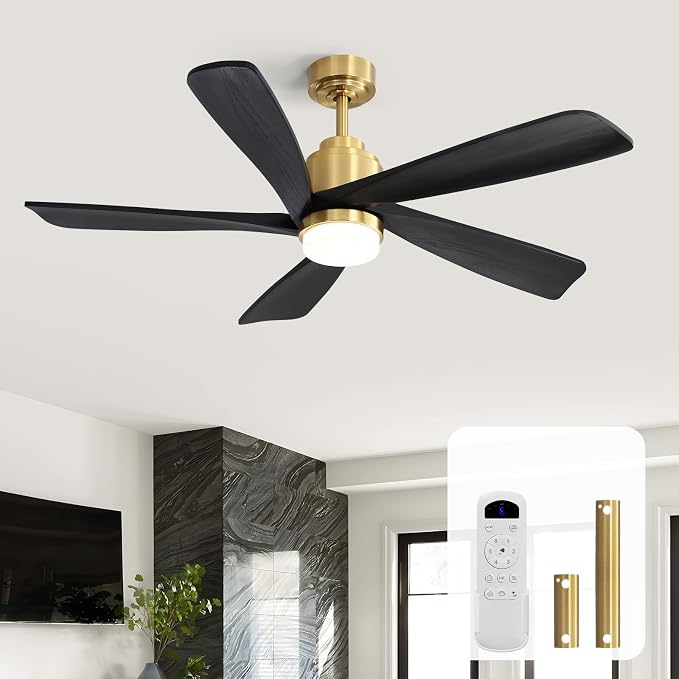 Sofucor Black Ceiling Fan with Lights and Remote, 52 Inch Modern Wood Ceiling Fan with 2 Downrods for Indoor Farmhouse Bedroom Living Room Outdoor Patio Porch, Quiet/Reversible/Timer