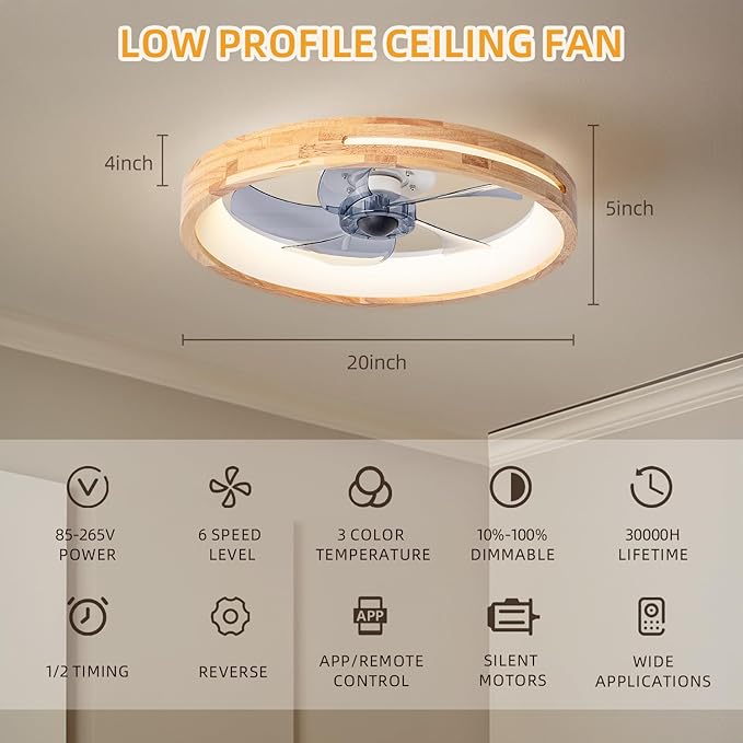 Low Profile Ceiling Fans with Lights and Remote 20” Modern Flush Mount Small Ceiling Fan Lights Wood Smart Fandelier for Bedroom Transparency Gray