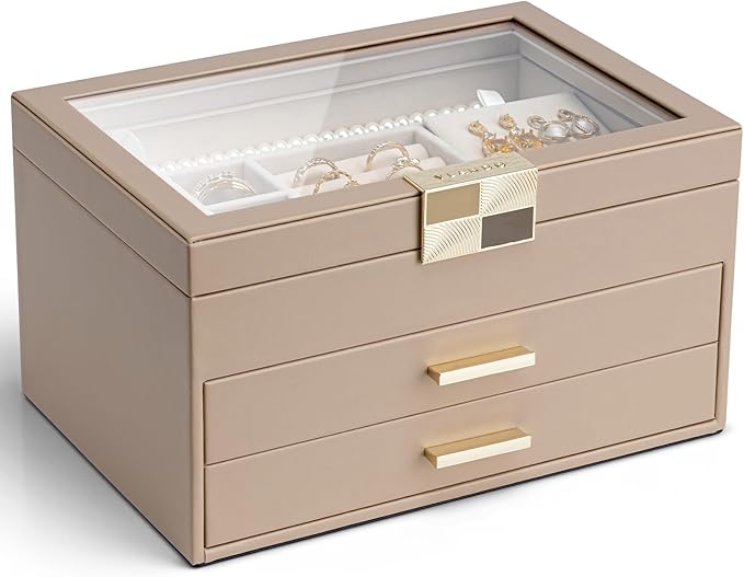 VLANDO Jewelry Box Organizer for Women, 3-Layer Jewelry Storage Case with Glass Lid, Gold Handle, 2 Drawers for Rings, Earrings, Necklaces and Bracelets - Toffee