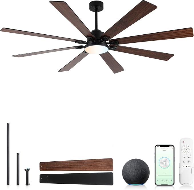 72 Inch Large Smart Ceiling Fan with Light and Alexa/APP(via WiFi),Black Indoor Outdoor Ceiling with Remote for Bedroom Patio,6 Speed,Quiet DC Motor,3CCT,8 Wooden Blades