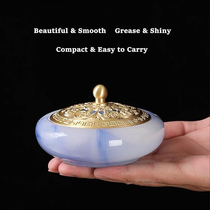 Incense Holder with Brass lid,Cone Incense Burner Suitable for Incense Sticks Coil,Artificial Glazed Jade Censer for Yoga Meditation, Home Decor