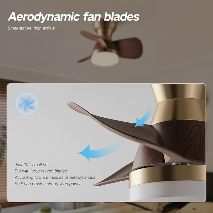20 Inch Ceiling Fan with Light, 3 Blades Plastic Wood Grain, Brass Small Ceiling Fan with Remote Control, Suitable for Living Room, Dining Room, Bedroom