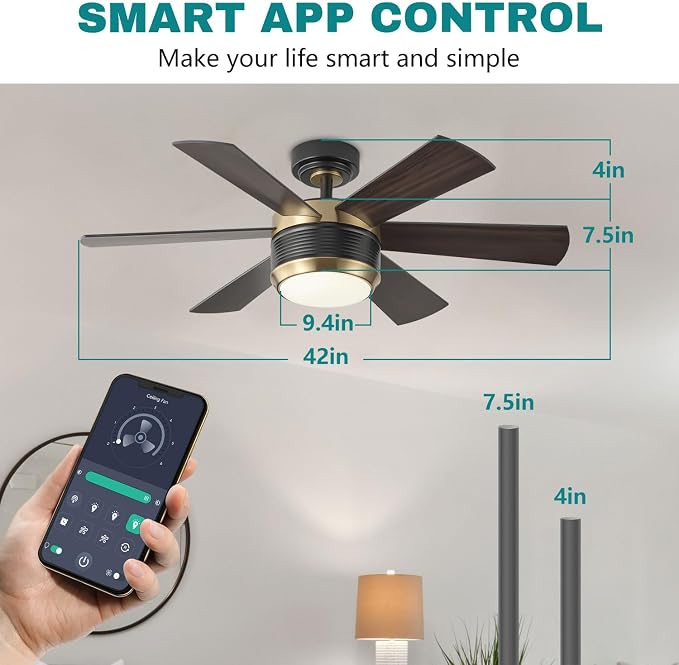 SHOWDI Ceiling Fans with Lights and Remote, Black-Gold, 42 in | 2 Blade Color, Metal Material, App Remote Control, Timer, Reversible, 3CCT, Dimmable for Bedroom, Living room, Indoor