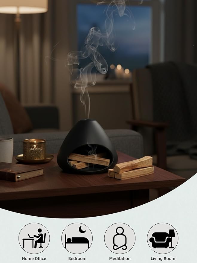 Palo Santo Holder, Modern Incense Burner, Ceramic Smudge Bowl for Yoga, Meditation and Energy Cleansing, Meditation Zen Decor for Home Office (Black)