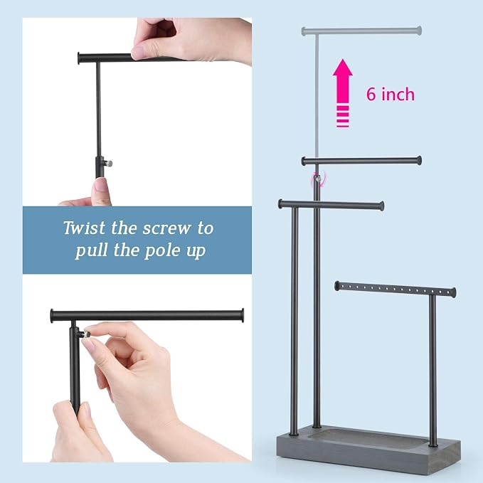 SRIWATANA Weathered Grey & Black Jewelry Organizer, 3-Tier Necklace Stand | Rustic Jewelry Stand with Wood Tray Base; Tangle-Free Storage for Long Necklaces, Earrings with Holes, and Rings