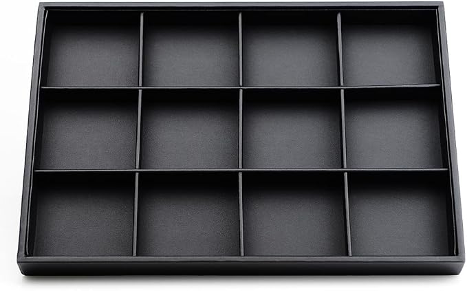 Oirlv Black Leather Necklace Tray 12-Grid | Black Leather Exterior, Soft Velvet Interior, 13.78"X9.45"X1.18" with 12 Removable Grid Inserts, Organized Necklace Storage
