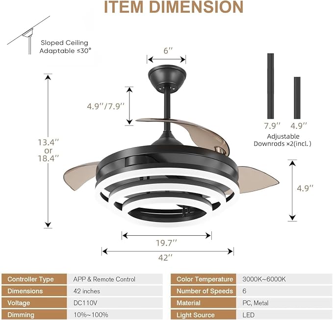 TXCSLY Retractable Ceiling Fan, 42 Inch Chandelier Ceiling Fans with Light, Modern Fandelier Ceiling Fan for Bedroom Living Room Dinning Room, Reverse Motor, 3 Color Temperature, 6 Wind Speed-Black