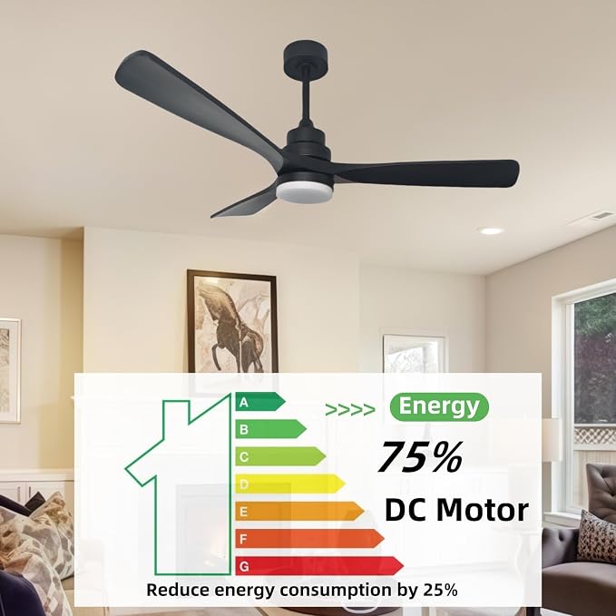 52-inch solid wood ceiling fan with light, black ceiling fan with light and remote control, 2 downrods, reversible DC motor, 3 blades, suitable for indoor, outdoor, rooms and living rooms