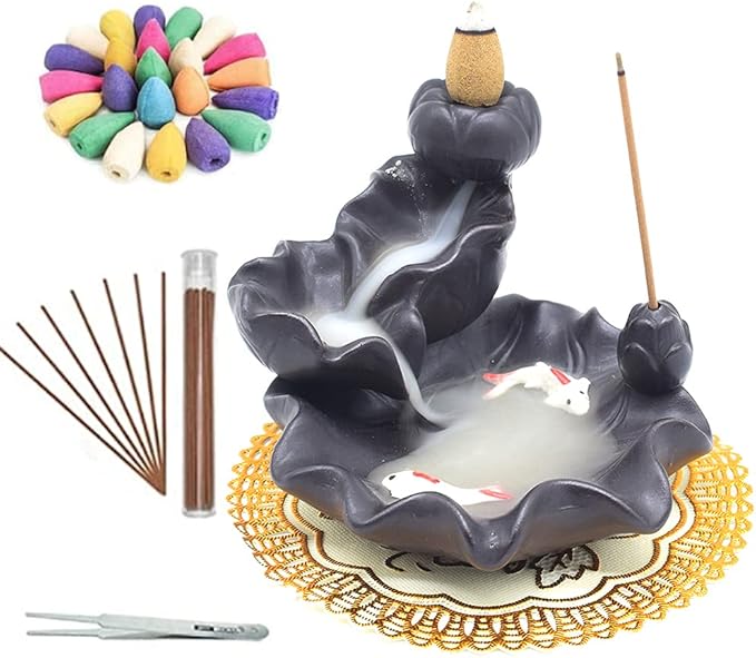 Ceramic Waterfall Backflow Incense Burner Holder, Home Aromatherapy Decoration Ornament with 30 Backflow Incense Cones and 50 Incense Sticks