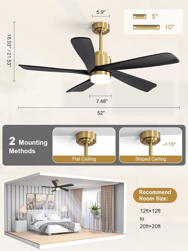 Sofucor Black Ceiling Fan with Lights and Remote, 52 Inch Modern Wood Ceiling Fan with 2 Downrods for Indoor Farmhouse Bedroom Living Room Outdoor Patio Porch, Quiet/Reversible/Timer