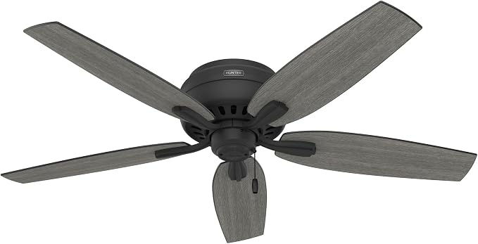 Hunter 52 inch Indoor Ceiling Fan with LED Light - Black Ceiling Fan with Pull Chain, For Bedroom or Living Room, Low Profile Flush Mount, 5 Blades, Includes Bulbs - Newsome 52396, Matte Black | Low Profile Flush Mount, Pull Chain, 5 Blades, For Bedroo...