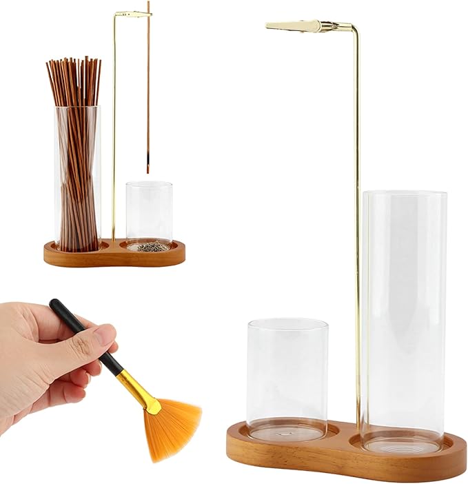 2 in 1 Incense Holder for Sticks,Wooden incence Holder with Detachable Glass Ash Catcher & inscent Sticks Organizer and a Ash Brush, for Meditation Yoga Spa Room Decor