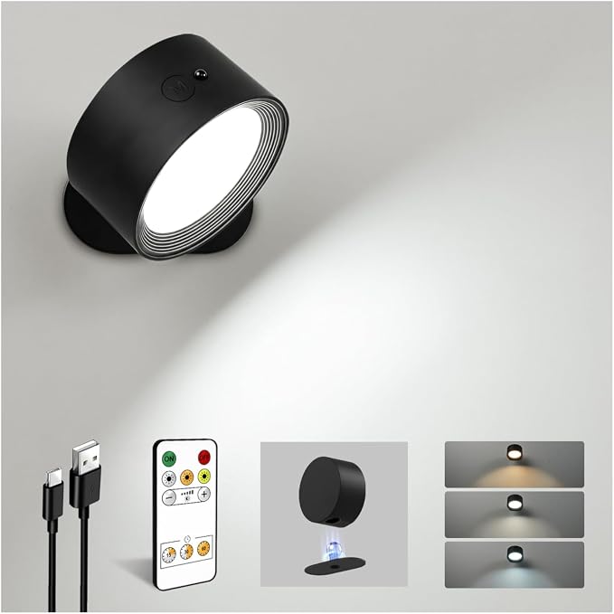 LED Wall Mounted Lights, Rechargeable Wall Sconces, 3 Color Temps, Remote & Touch, 360° Rotating and Dimmable for Bedroom, Bedside & Reading (Black, 1 Pack)
