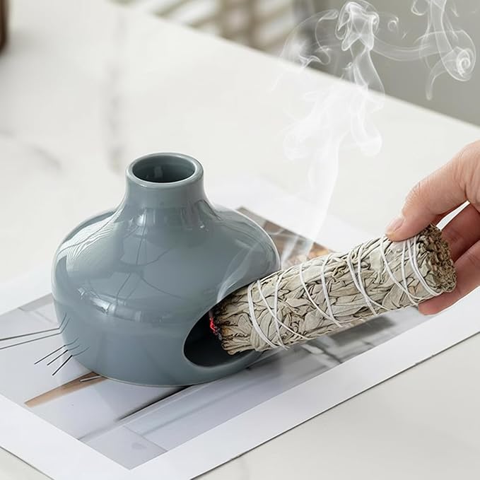 Handmade Ceramic Incense Bowl with Palo Santo Chimney Burner & Aroma Holder for Sage, Incense Sticks, Meditation, Yoga, Relaxation, Heat-Resistant Base Home Decor