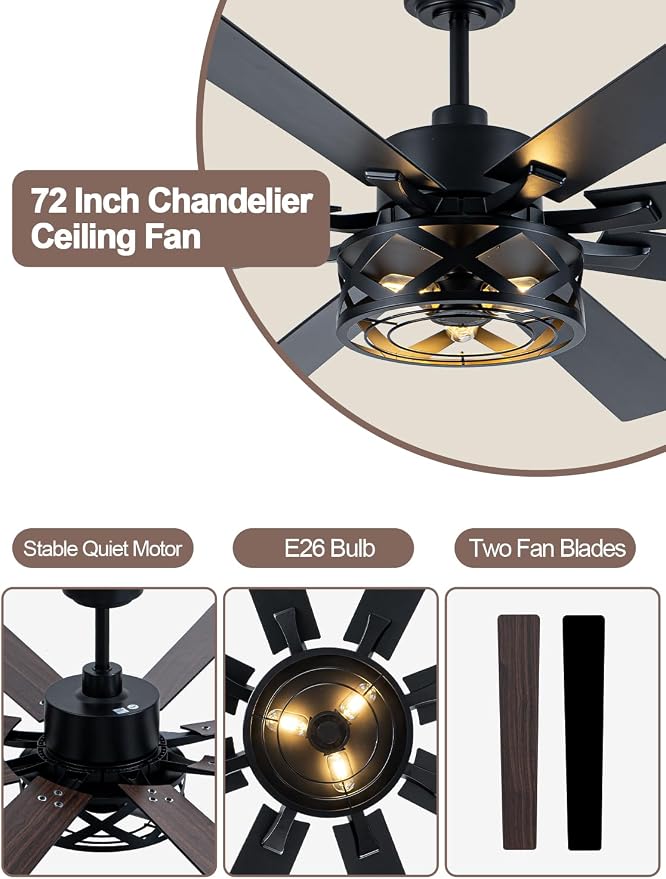 72 Inch Farmhouse Ceiling Fan with Light and Remote Black Rustic Ceiling Fan Quiet and Reversible DC Motor Caged Chandelier Fan for Living Room Bedroom